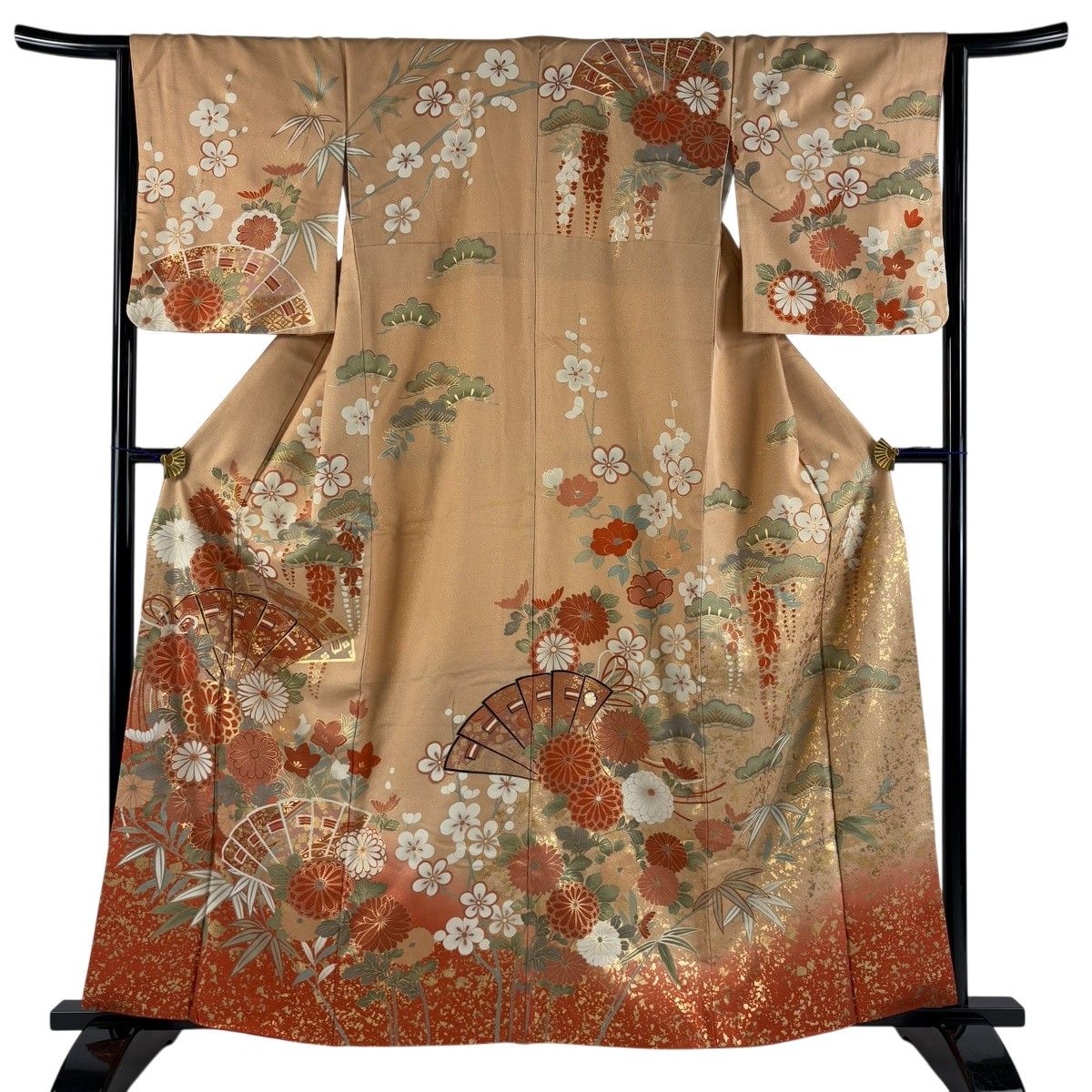 訪問着 身丈161.5cm 裄丈64cm M 袷 桧扇 菊 金通し 金彩 薄オレンジ 正絹 秀品 【中古】