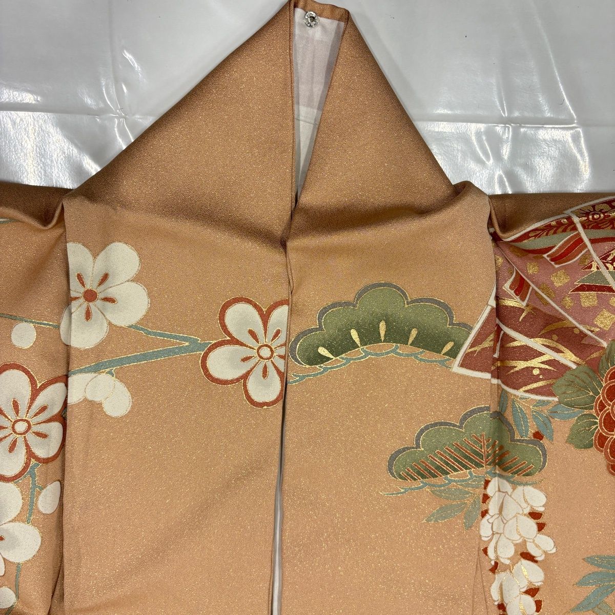 訪問着 身丈161.5cm 裄丈64cm M 袷 桧扇 菊 金通し 金彩 薄オレンジ