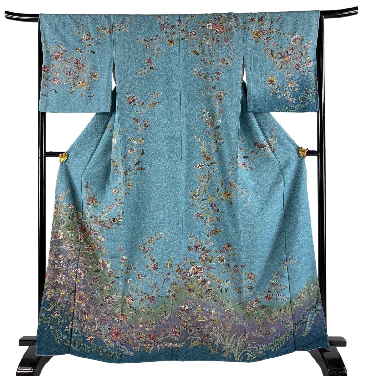 訪問着 身丈165.5cm 裄丈66cm M 袷 鳥 草花 ぼかし 青緑 正絹 秀品 【中古】
