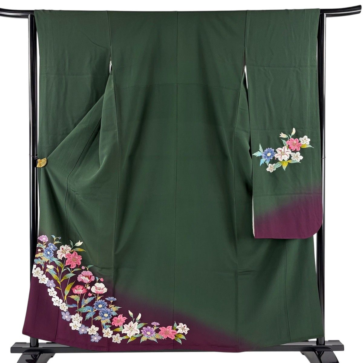 振袖 身丈157cm 裄丈63.5cm S 袷 鈴乃屋 百合 草花 刺繍 金糸 深緑 正絹 秀品 【中古】