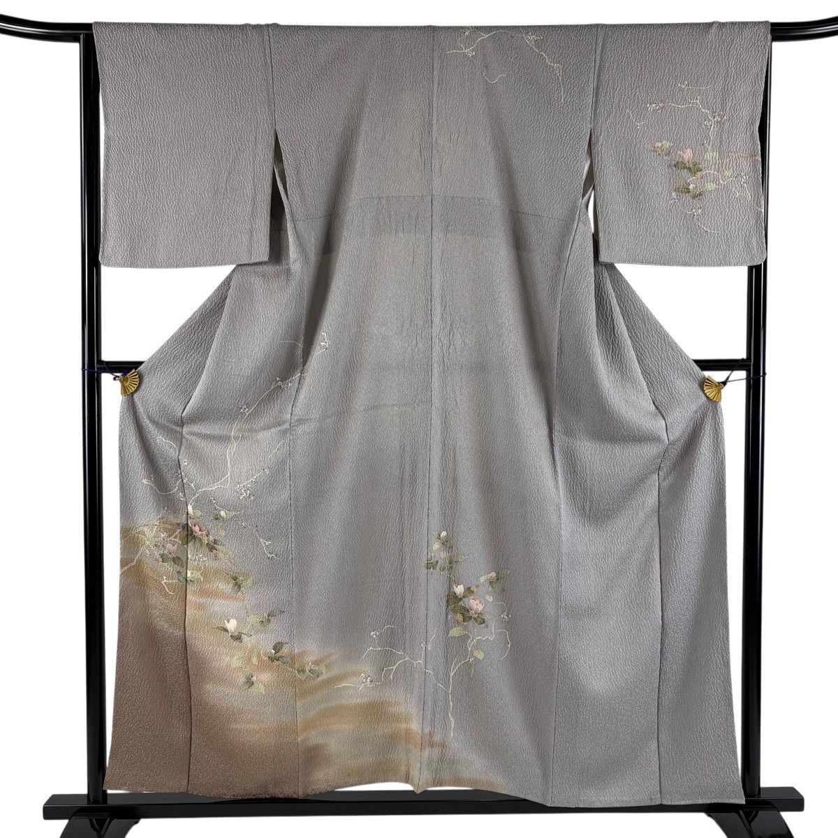 訪問着 身丈156.5cm 裄丈66cm M 袷 枝花 霞 ぼかし 絞り 灰色 正絹 秀品 【中古】
