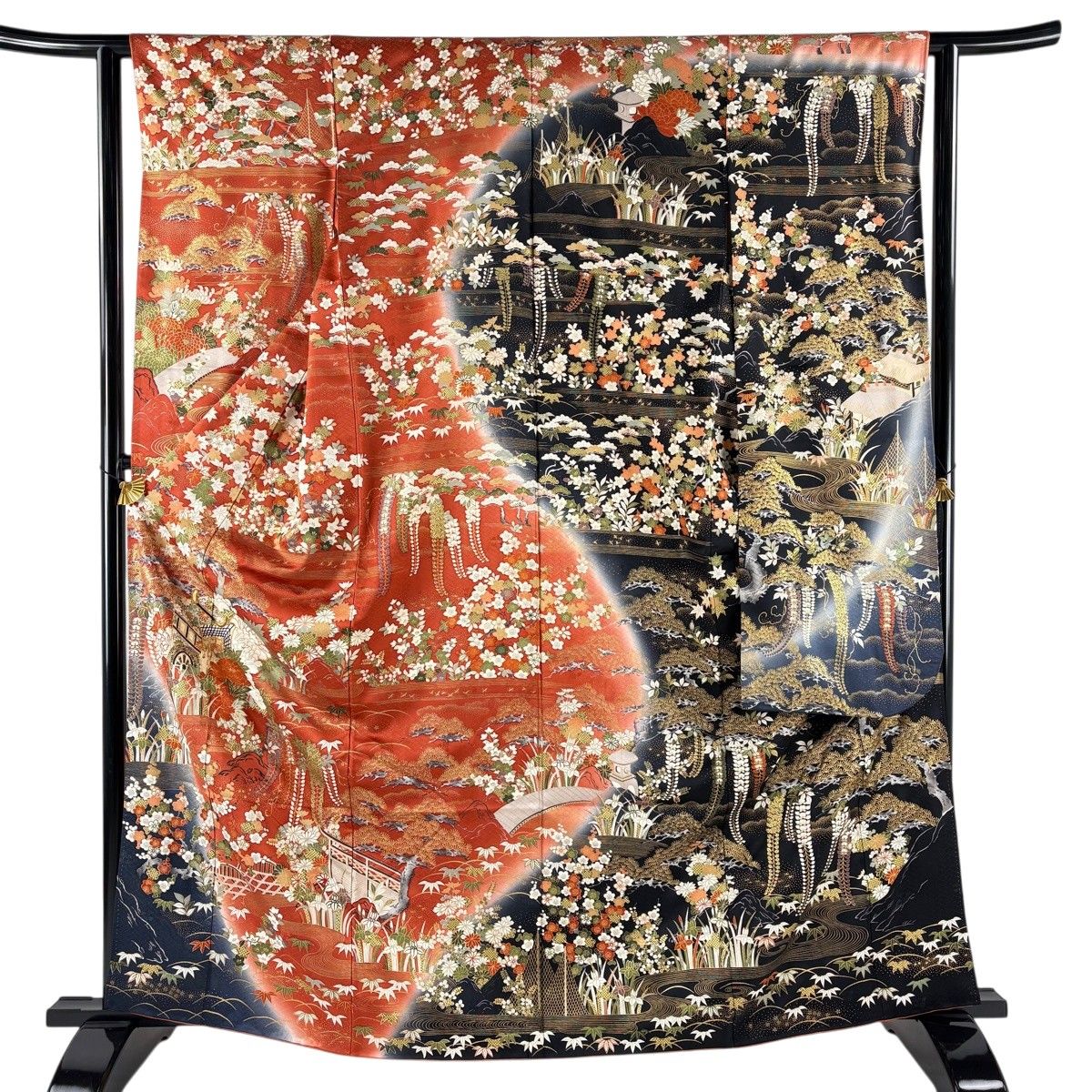 振袖 身丈164cm 裄丈61cm S 袷 松竹梅 御所車 金糸 金彩 赤茶 正絹 秀品 【中古】