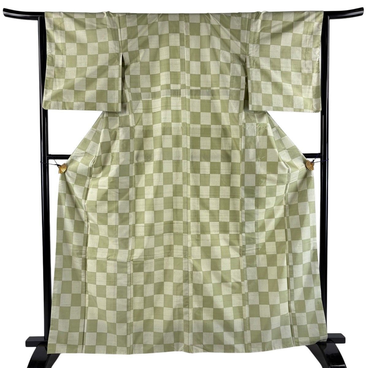 紬 身丈163.5cm 裄丈65cm M 袷 背抜き 市松 よもぎ色 正絹 秀品 【中古】
