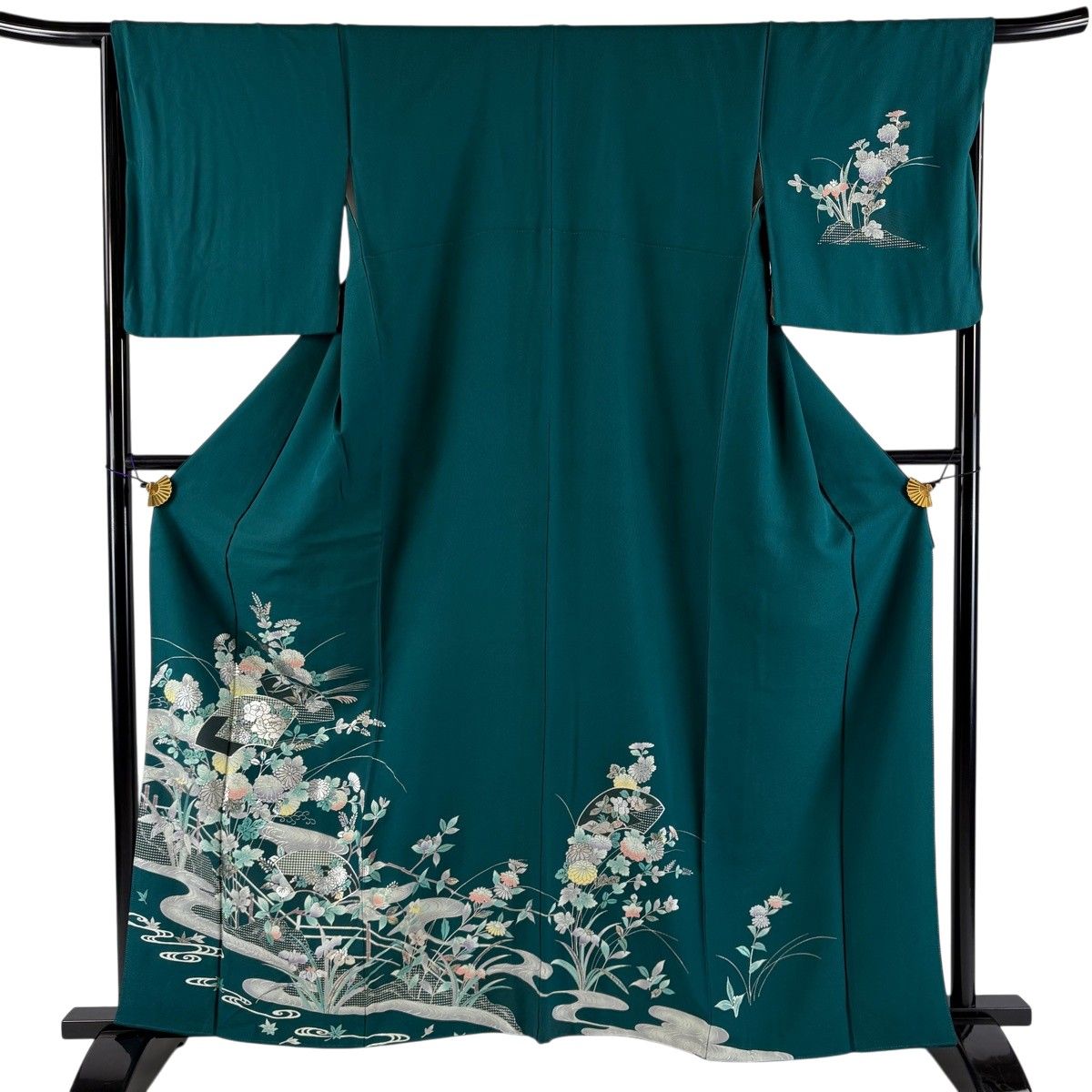 訪問着 身丈163cm 裄丈67.5cm L 袷 扇面 菊 銀彩 緑 正絹 秀品 【中古】