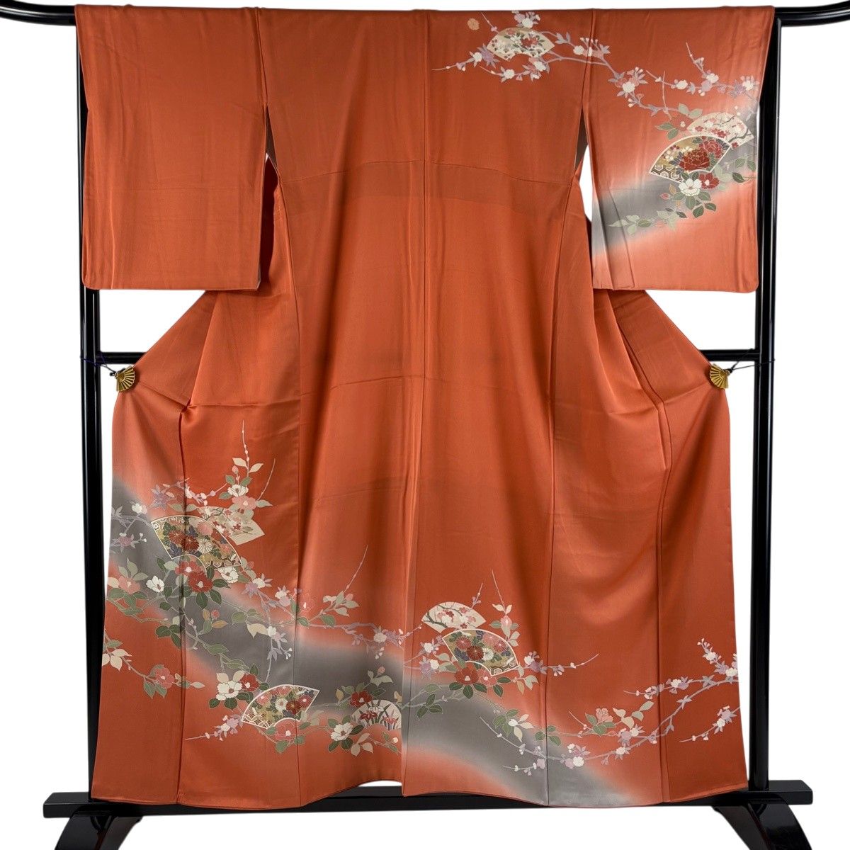 アンティーク正絹オレンジ色の着物単品 訪問着 身丈157.5cm 裄丈67.5cm L 袷 扇面 椿 金彩 ぼかし オレンジ
