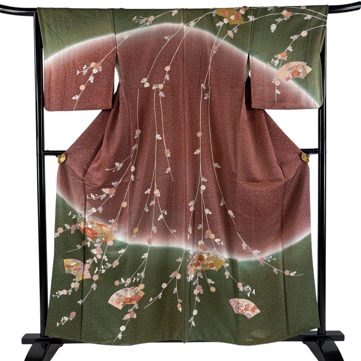 訪問着 身丈159cm 裄丈68cm L 袷 扇面 菊 金彩 ぼかし 小豆色 正絹 秀品 【中古】