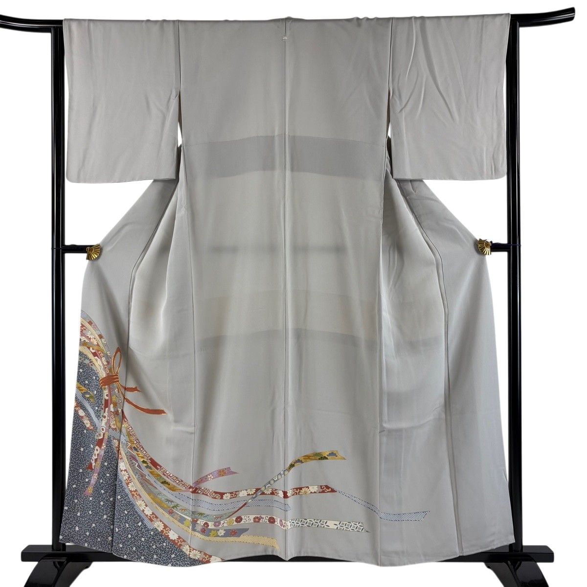 色留袖 身丈157.5cm 裄丈64cm M 袷 束ね熨斗 七宝 金糸 金彩 灰色 正絹 秀品 一つ紋 【中古】