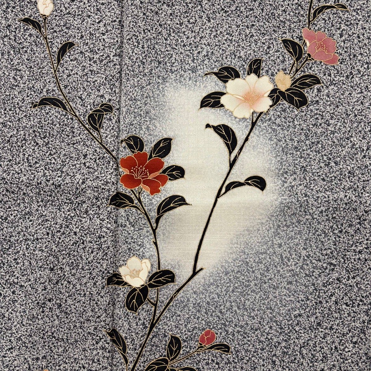 【高級訪問着】 枝花文　暈し染め　銀彩　ロング丈　 正絹　逸品✨No.064❤️ 美品】 訪問着 身丈161cm 裄丈66.5cm M 袷 枝花 金彩 ぼかし 黒灰 正絹