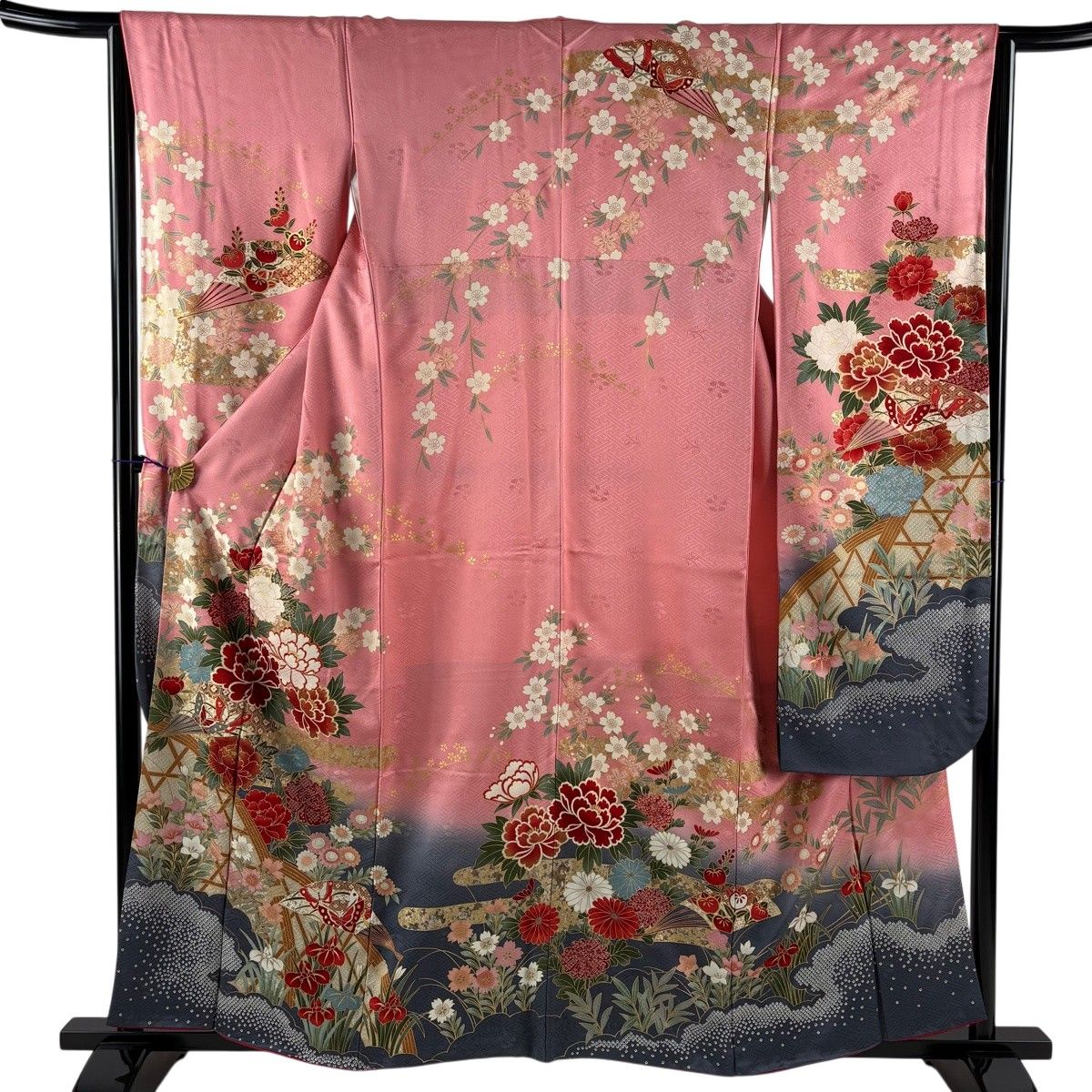 振袖のみ✨牡丹草花金通し金銀彩ピンク秀品✨シルク✨