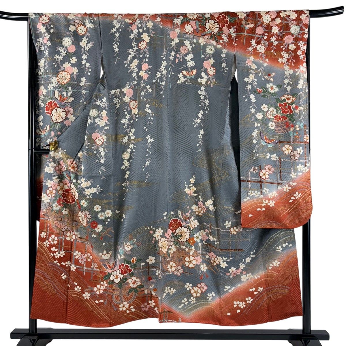 振袖 身丈151.5cm 裄丈69cm L 袷 花車 桜 金彩 染め分け 灰色 正絹 秀品 【中古】