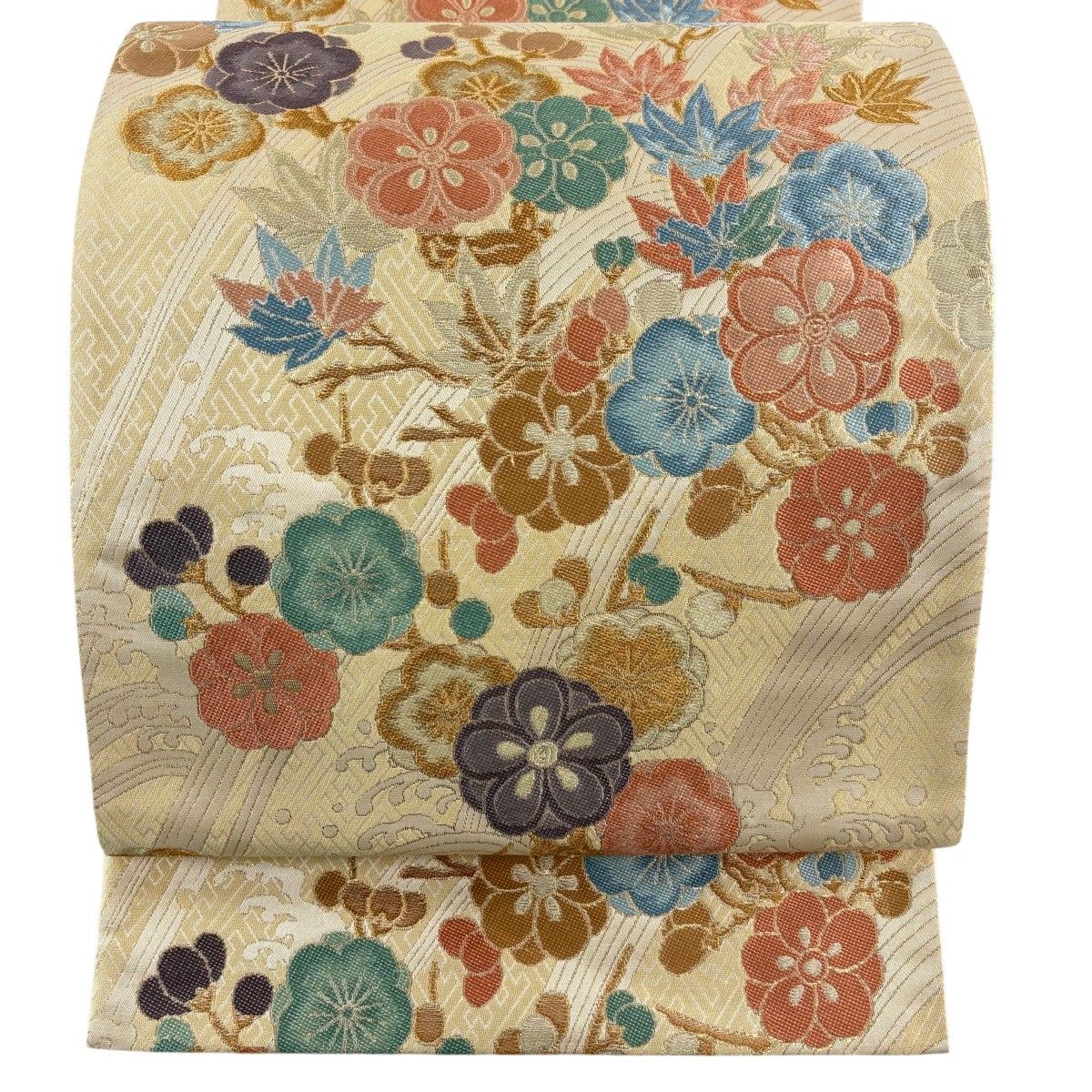 【美品】 袋帯 秀品 梅 楓 金銀糸 箔 ベージュ 六通 正絹 【中古】