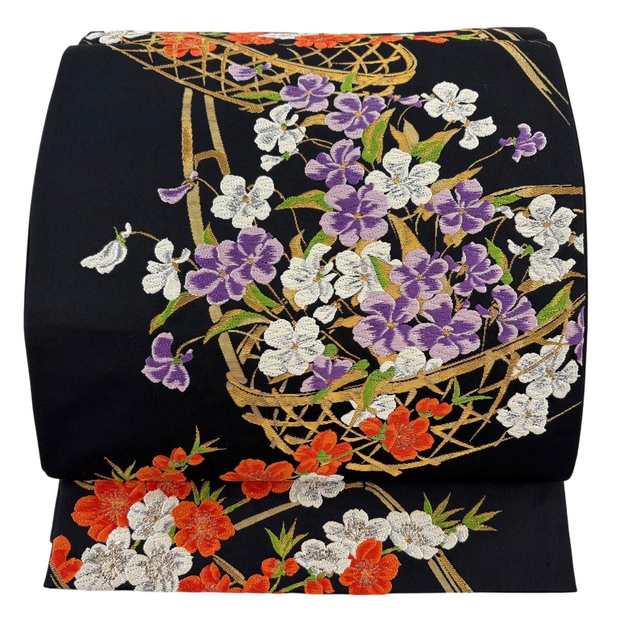 【美品】 袋帯 秀品 落款 本家加納 花籠 唐織 金銀糸 黒 六通 正絹 【中古】