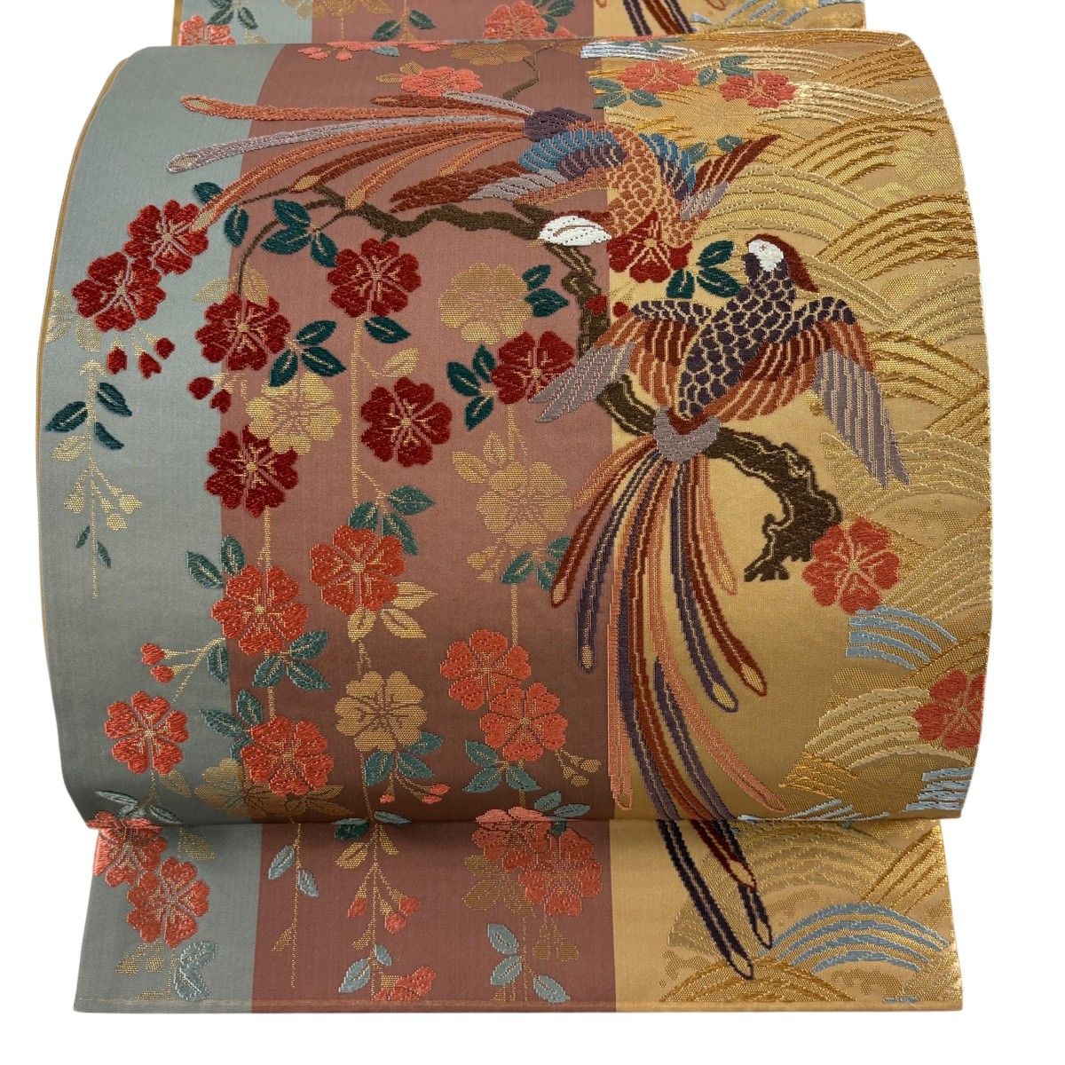【美品】 袋帯 秀品 関西仕立て 彩花鳳凰文 波 唐織 箔 赤茶 六通 正絹 【中古】