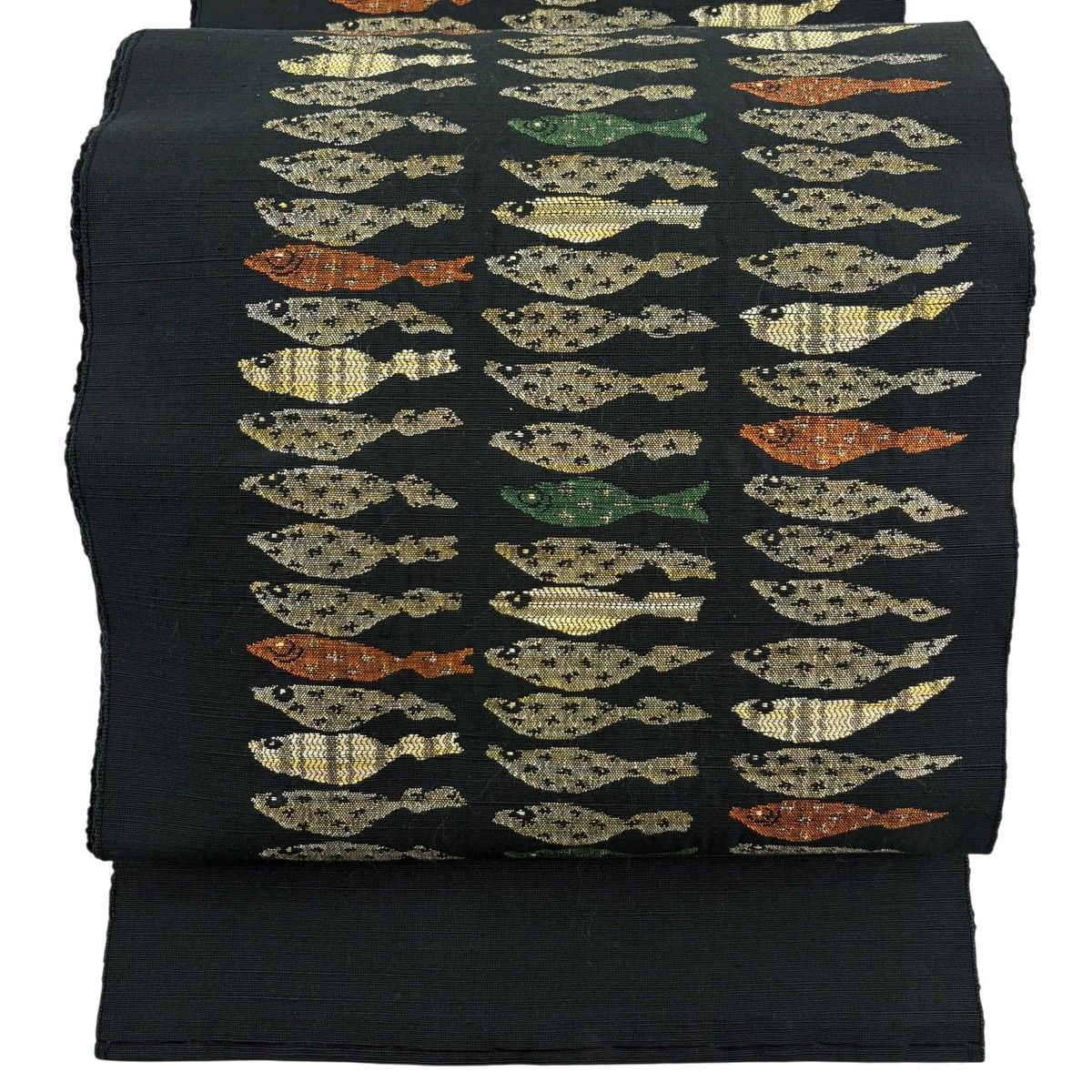 【美品】 名古屋帯 秀品 トンネル仕立て 魚 黒 正絹 【中古】