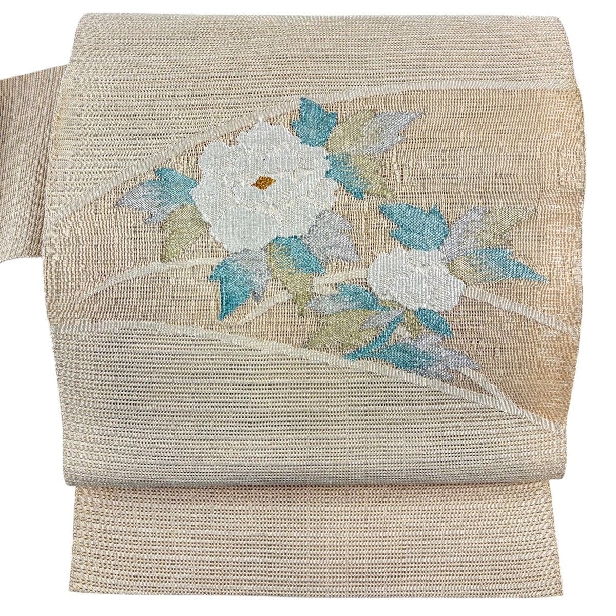 名古屋帯 秀品 夏帯 絽 草花 金銀糸 ベージュ 正絹 【中古】