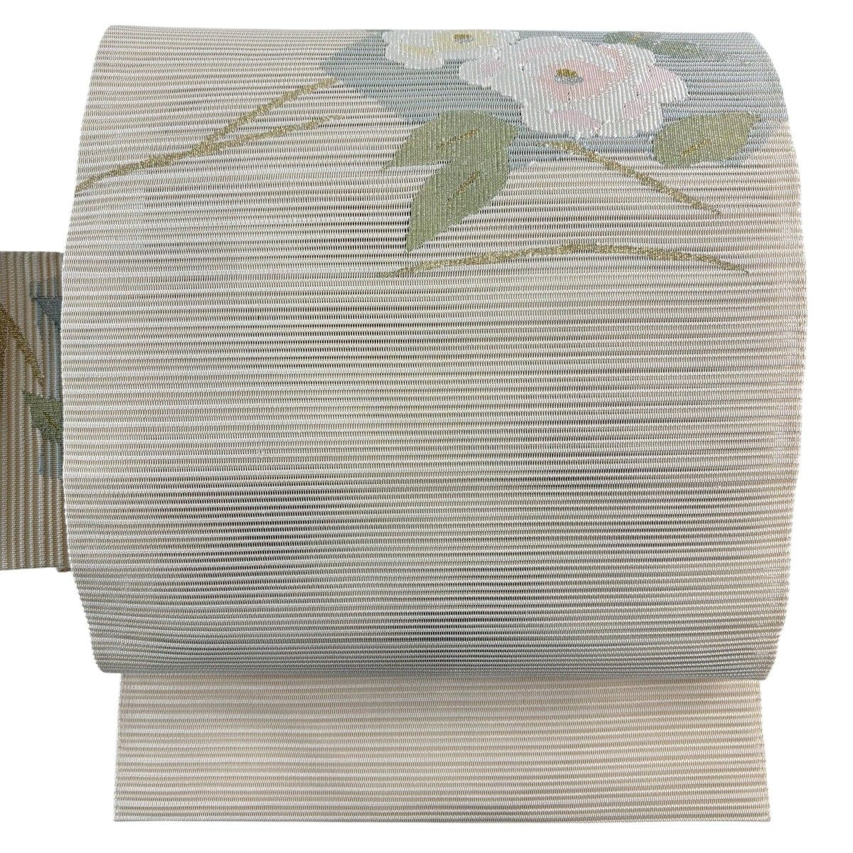 【美品】 名古屋帯 秀品 夏帯 絽 枝花 金銀糸 ベージュ 正絹 【中古】