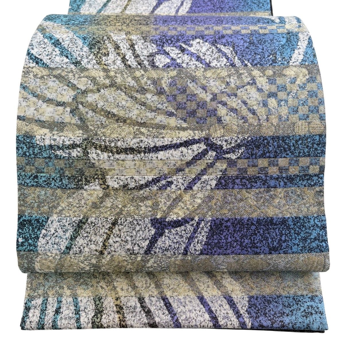 【美品】 袋帯 秀品 花 市松 金糸 青紫 全通 正絹 【中古】