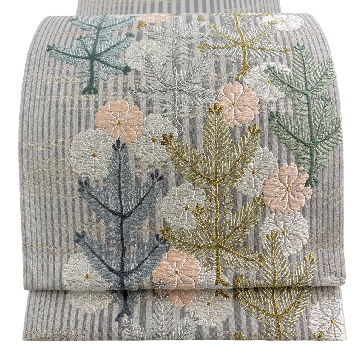 【美品】 袋帯 秀品 縞地霞に松桜文様 金銀糸 唐織 灰色 お太鼓柄 正絹 【中古】|詳細画像