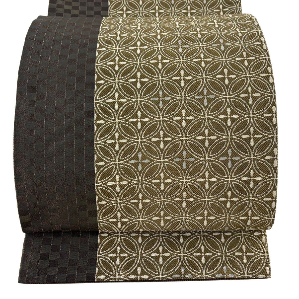 【美品】 袋帯 秀品 七宝繋ぎ 市松 茶緑色 全通 正絹 【中古】
