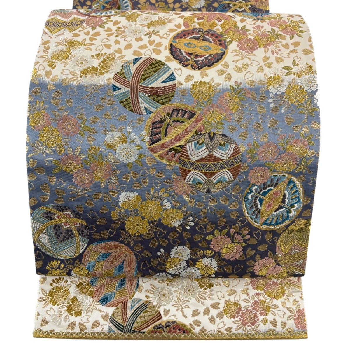 【美品】 袋帯 秀品 手鞠 桜 金糸 箔 クリーム 六通 正絹 【中古】