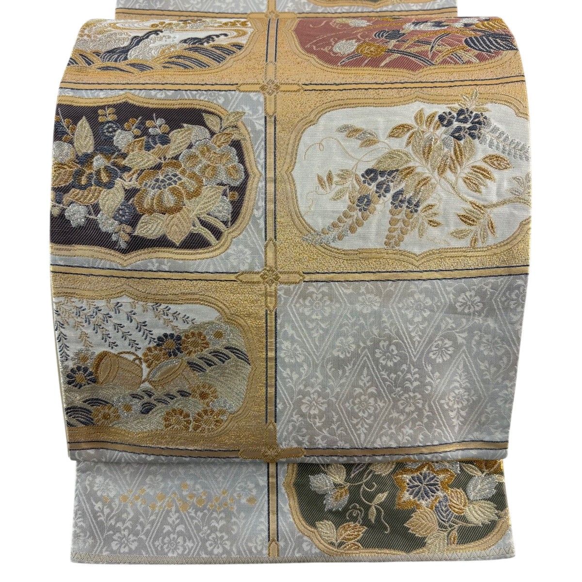【美品】 袋帯 秀品 草花 波頭 金銀糸 箔 灰色 六通 正絹 【中古】