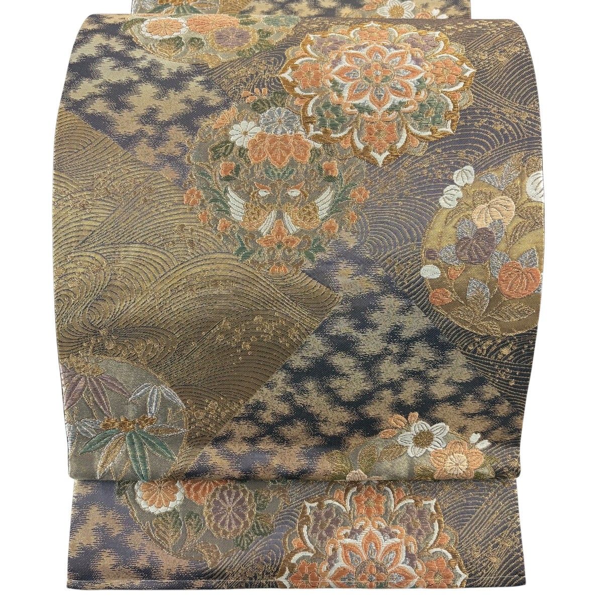 【美品】 袋帯 秀品 華文 向かい鳥 金銀糸 箔 金色 六通 正絹 【中古】