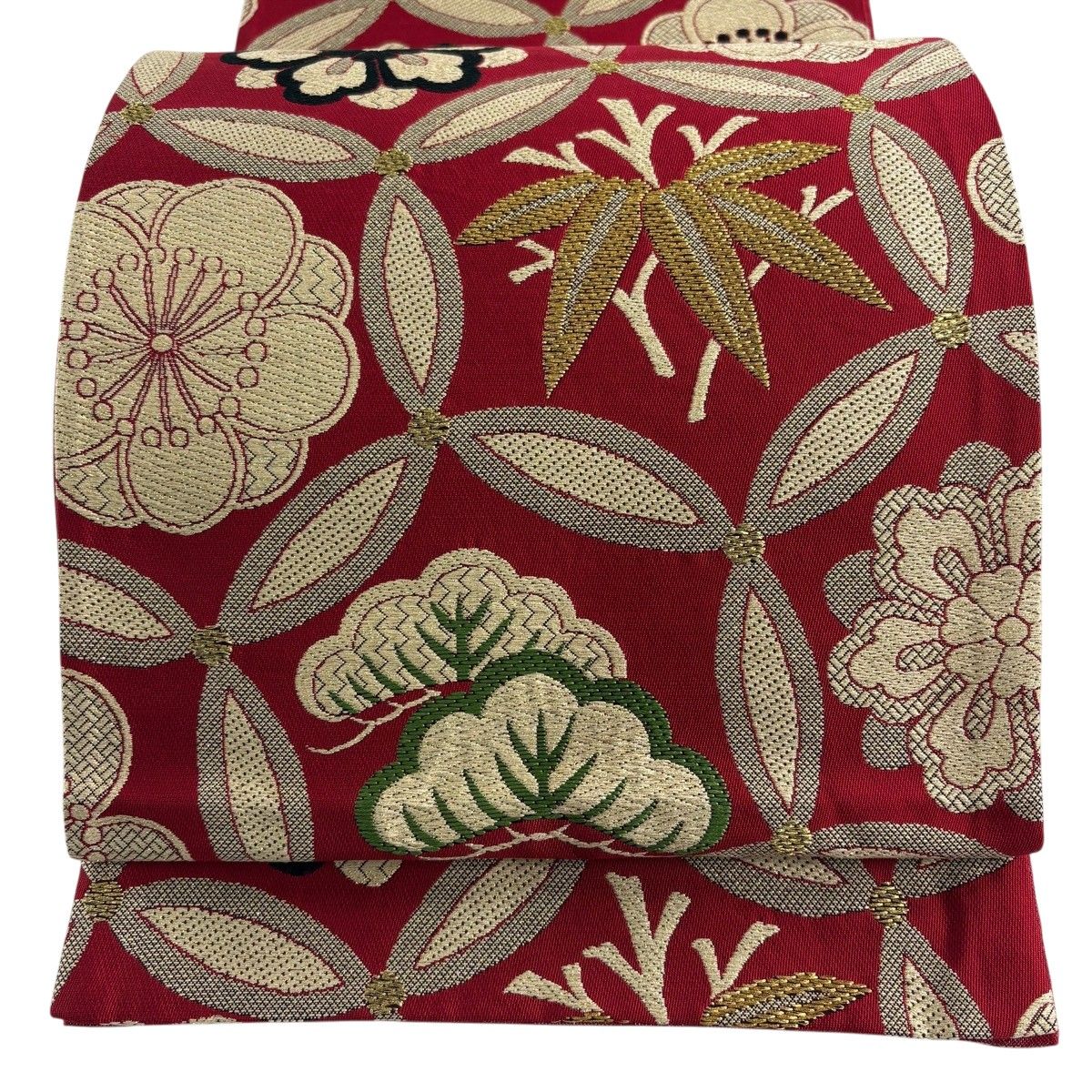 【美品】 袋帯 秀品 松竹梅 華文 金糸 箔 赤 六通 正絹 【中古】
