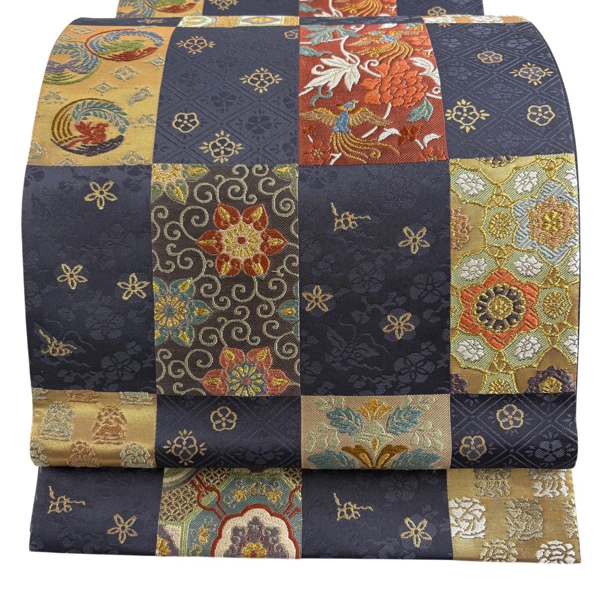 【美品】 袋帯 秀品 変わり市松 華文 金糸 箔 紺色 六通 正絹 【中古】