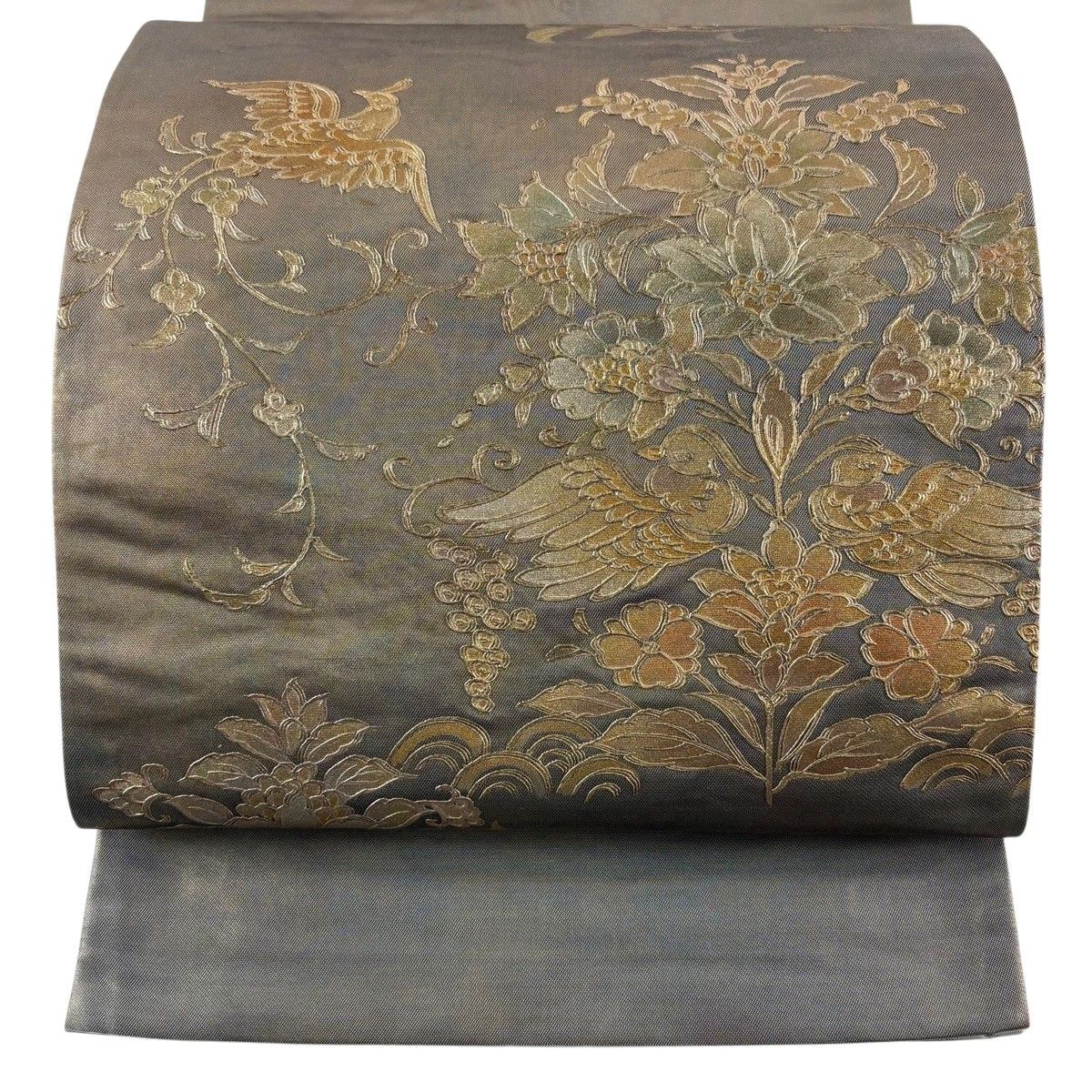 袋帯 逸品 和田光正 落款 草花 向かい鳥 箔 金彩 灰緑 お太鼓柄 正絹 【中古】
