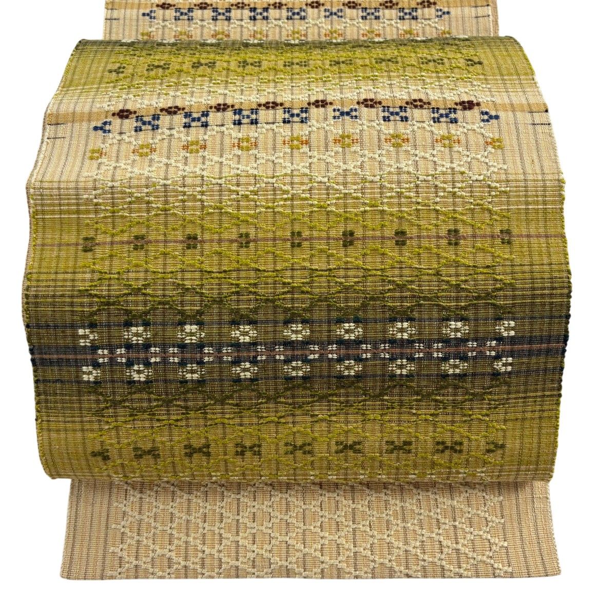 【美品】 名古屋帯 逸品 八寸名古屋帯 松葉仕立て トンネル仕立て 幾何学模様 縞 ベージュ 正絹 【中古】