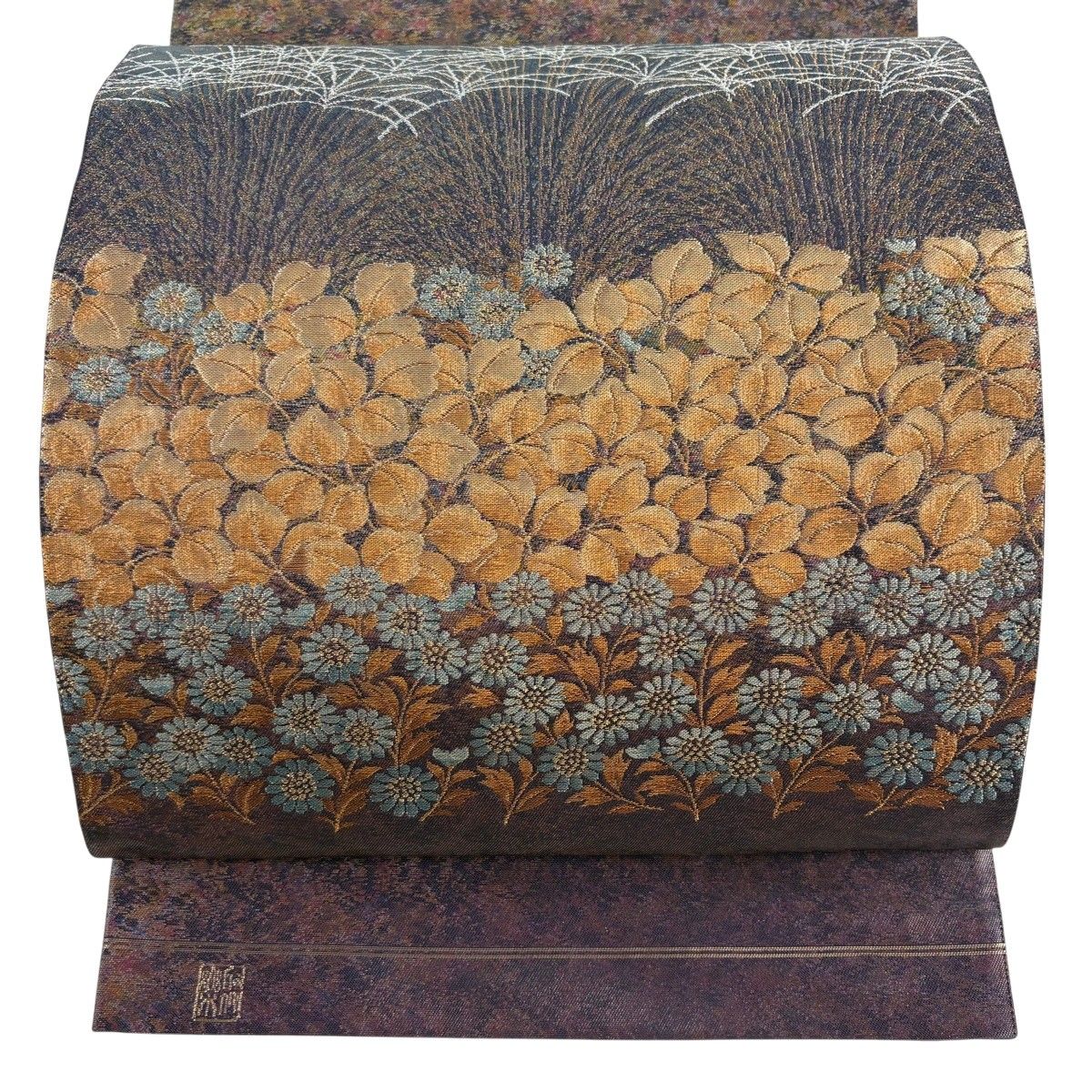 【美品】 袋帯 逸品 じゅらく 落款 草花 横段 金銀糸 箔 灰紫 お太鼓柄 正絹 【中古】