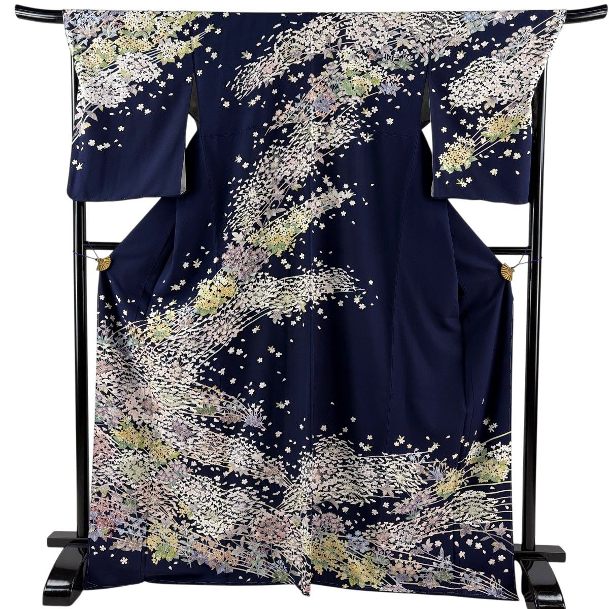 美品】 訪問着 身丈171cm 裄丈70cm L 袷 桜 草花 紺色 正絹 逸品