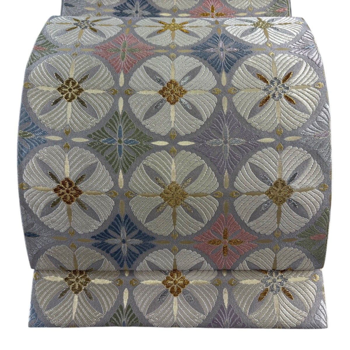 【美品】 袋帯 逸品 証紙 草花 花菱 唐織 金銀糸 灰色 六通 正絹 【中古】