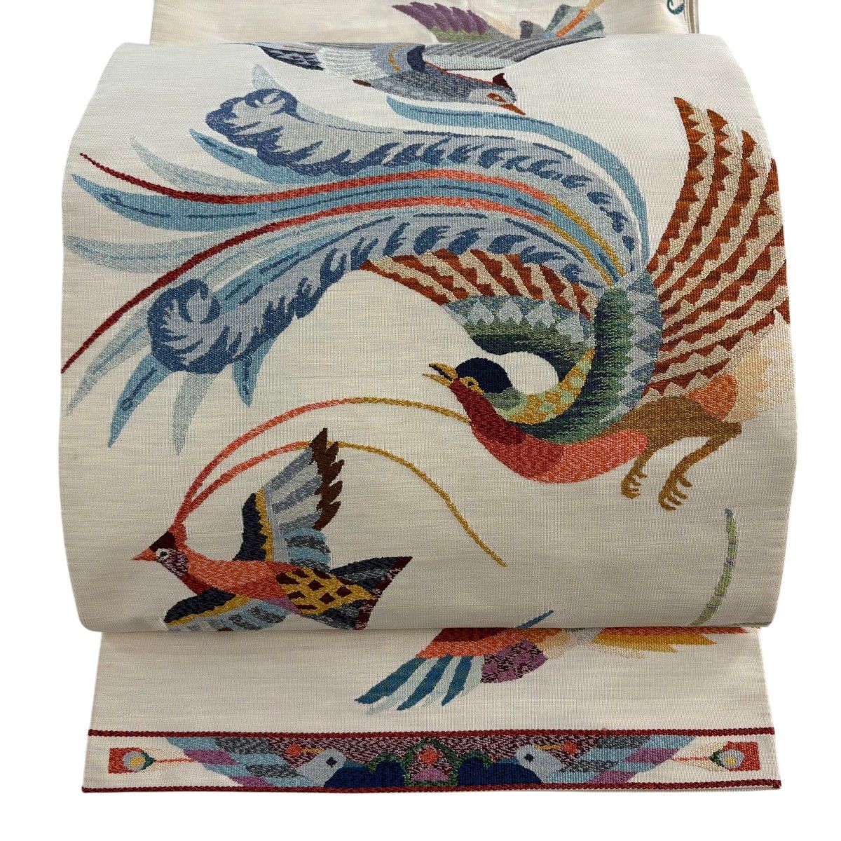 袋帯 逸品 落款 山鹿清華 関西仕立て 鳥 金糸 クリーム お太鼓柄 正絹 【中古】