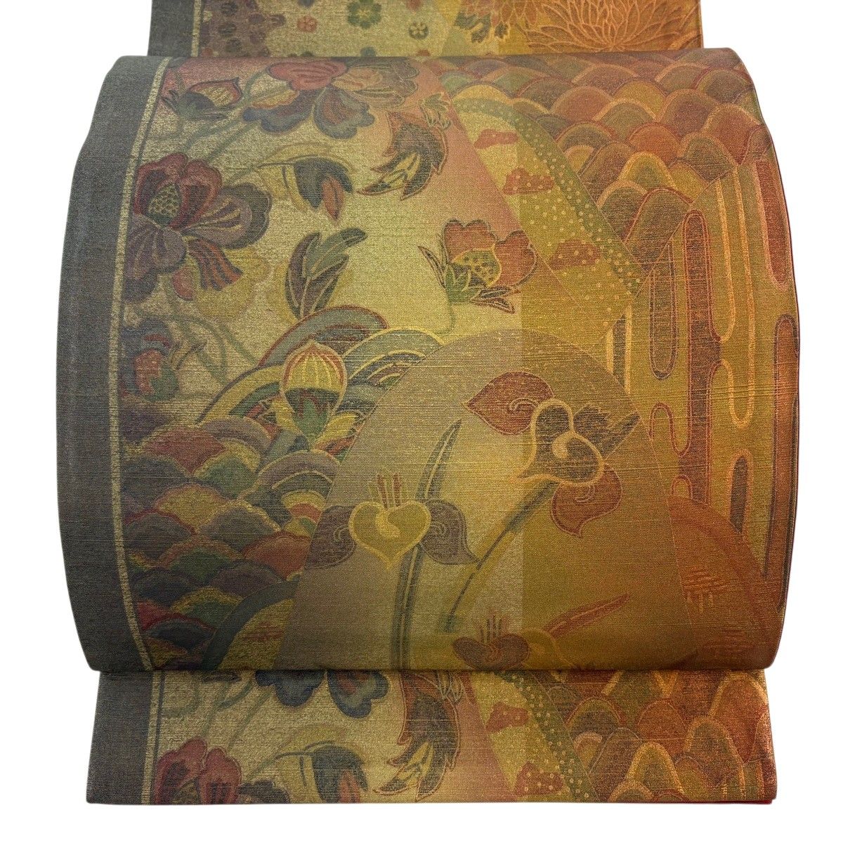 【美品】 袋帯 逸品 前田仁仙 落款 花鳥 青海波 金彩 ぼかし 茶緑色 全通 正絹 【中古】