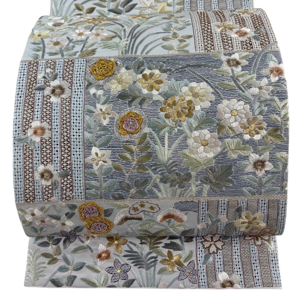【美品】 袋帯 逸品 レース編み 草花 縞 刺繍 金銀糸 灰色 六通 正絹 【中古】