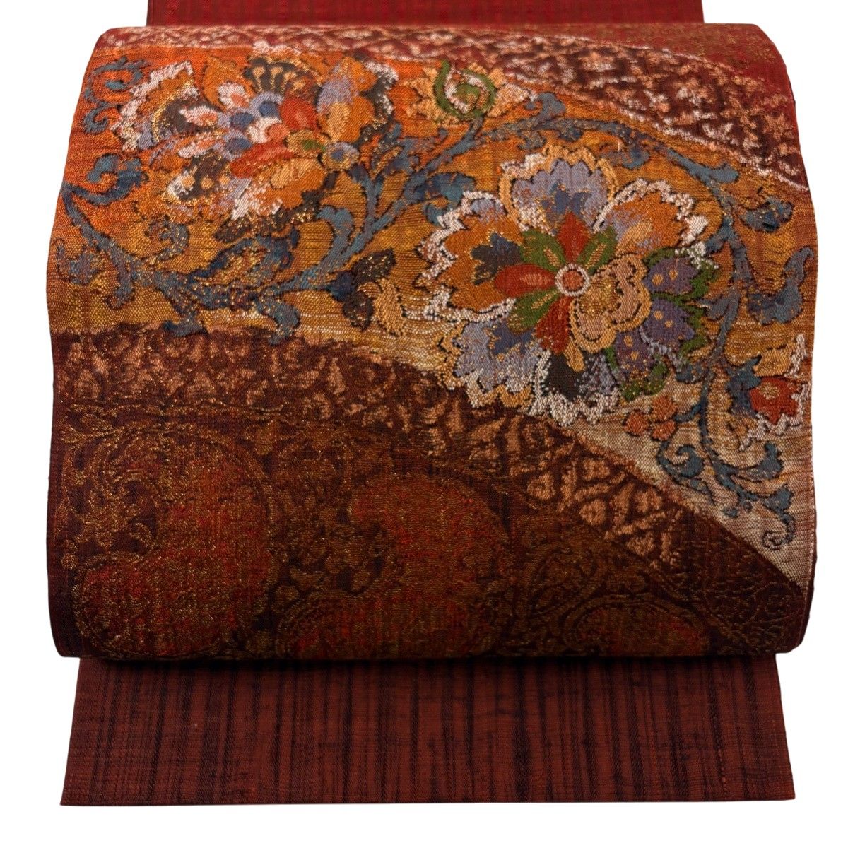 袋帯 名品 渡文 落款 さざ波 花唐草 縞 金糸 赤 お太鼓柄 正絹 【中古】