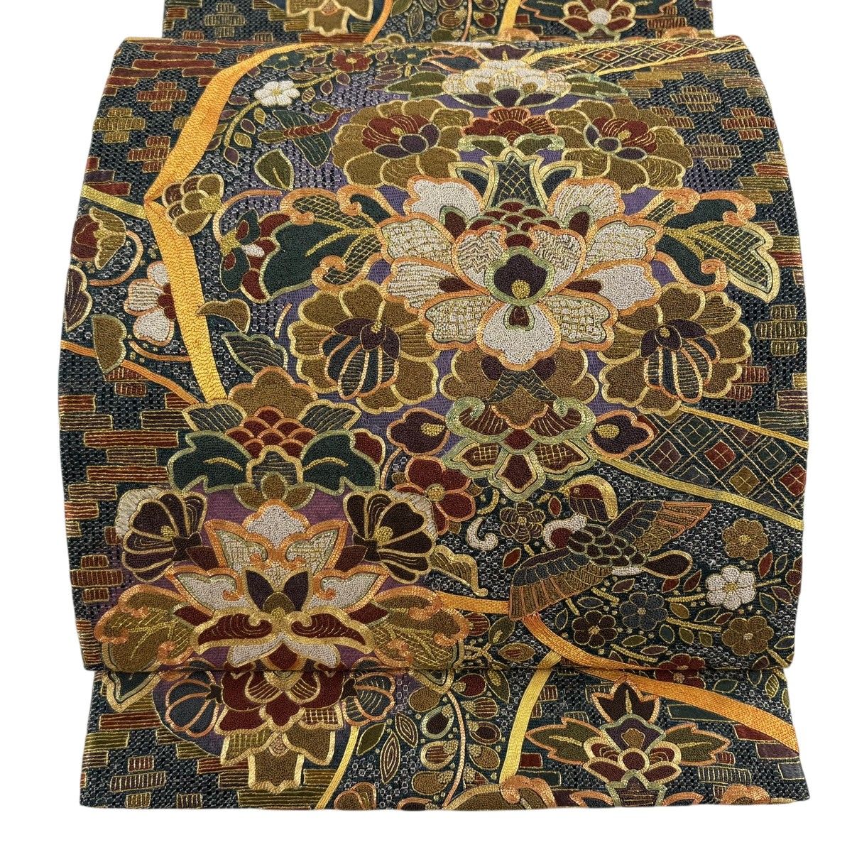 【美品】 袋帯 逸品 草花 花喰い鳥 相良刺繍 金糸 青緑 六通 正絹 【中古】