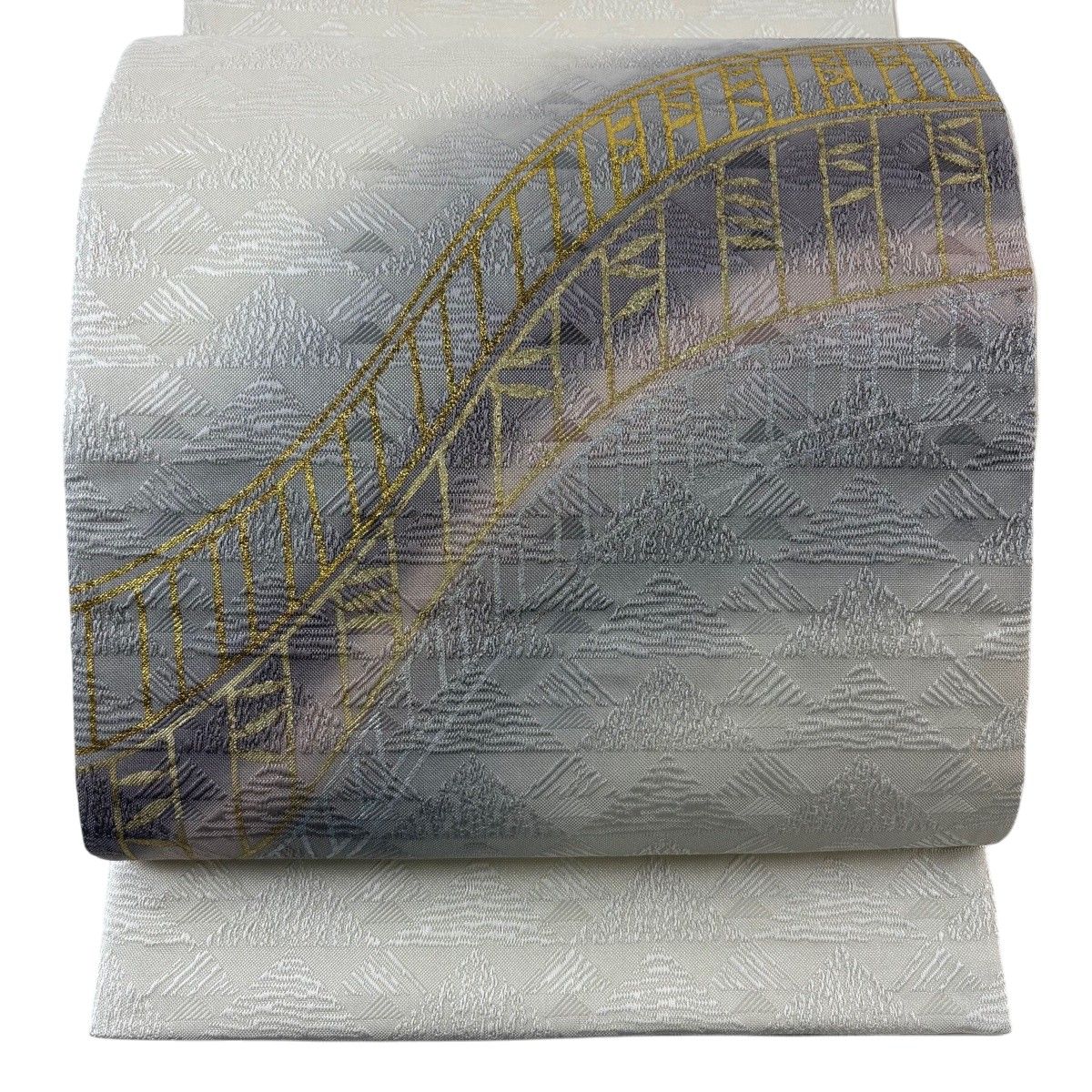 袋帯 名品 幾何学模様 地紋 金銀彩 箔 クリーム お太鼓柄 正絹 【中古】