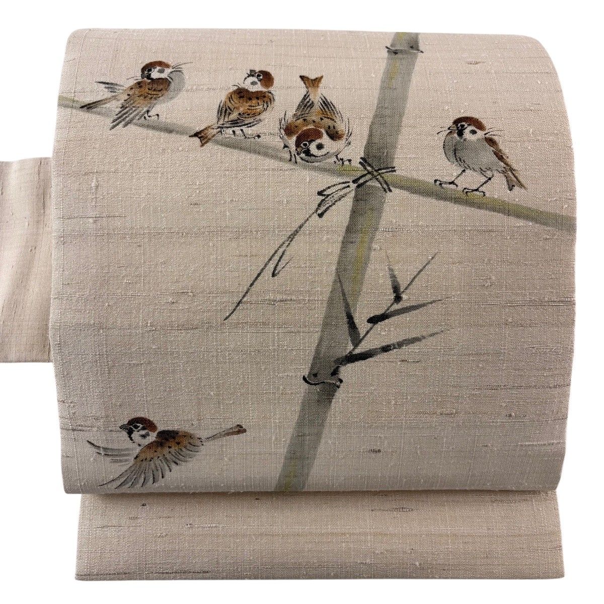 【美品】名古屋帯 名品 紬地 やまと 雀 竹 薄茶色 正絹 【中古】