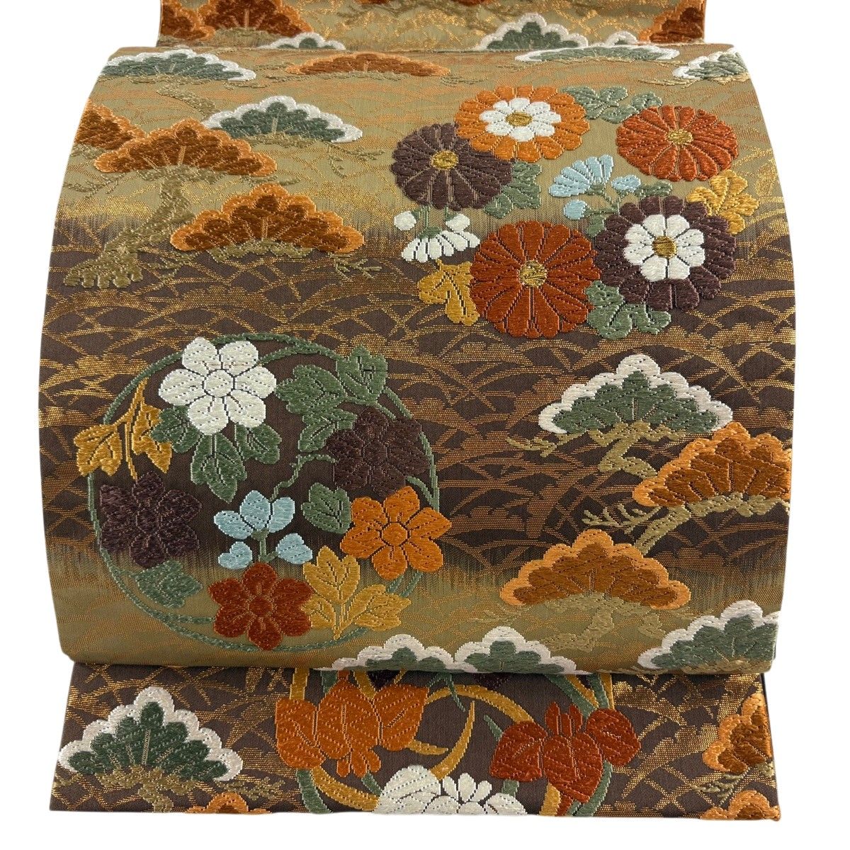 袋帯 逸品 河合美術織物 落款 花丸文 笠松 唐織 金糸 黄土色 六通 正絹 【中古】