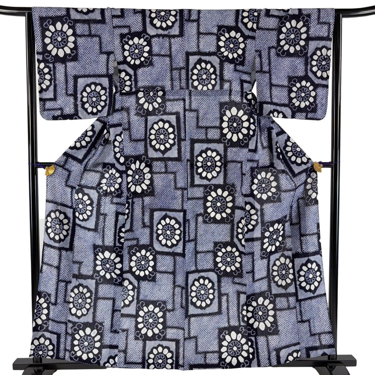 浴衣 身丈159.5cm 裄丈63.5cm S 絞り浴衣 花 紺色 綿 名品 【中古】