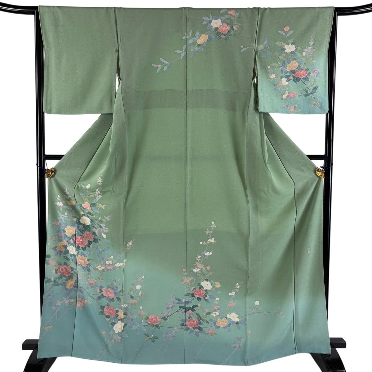 訪問着 身丈165.5cm 裄丈65cm M 袷 落款 椿 染め分け ぼかし 薄緑 正絹 名品 一つ紋 【中古】