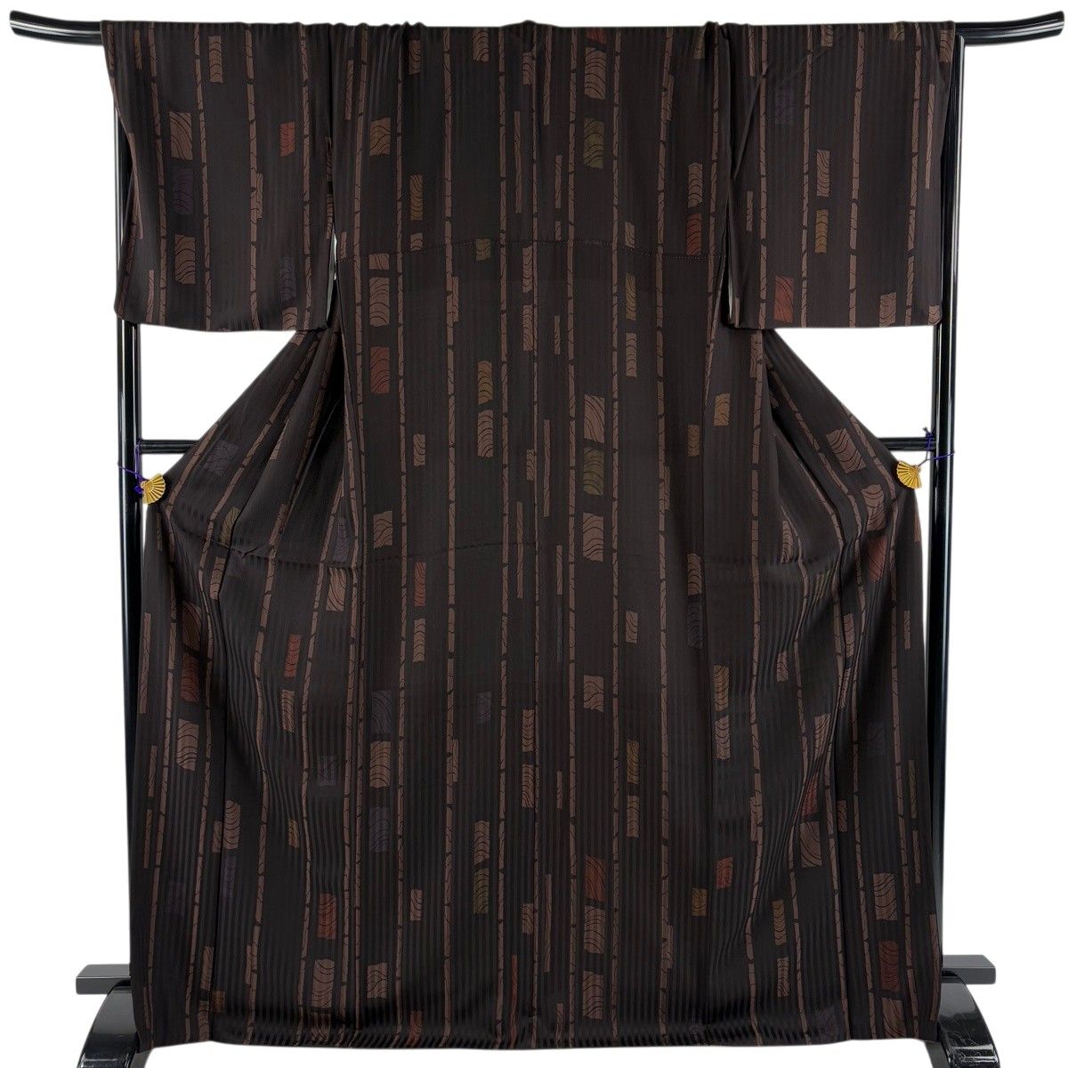 【美品】 小紋 身丈170cm 裄丈71cm L 袷 縦縞 幾何学模様 焦茶色 正絹 名品 【中古】
