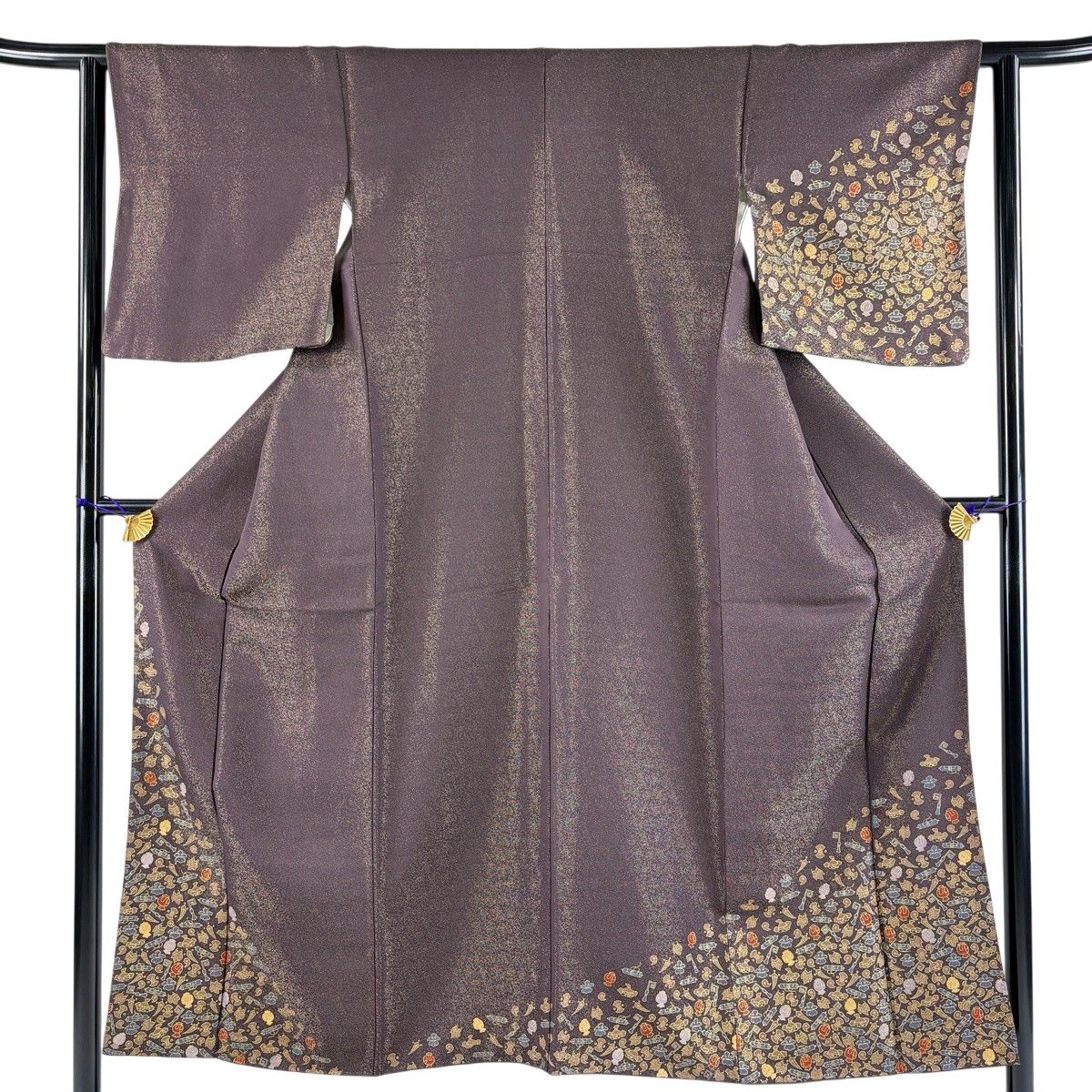 【美品】 付下げ 身丈150cm 裄丈62cm S 袷 宝尽くし 金通し 金彩 茶紫 正絹 名品 【中古】