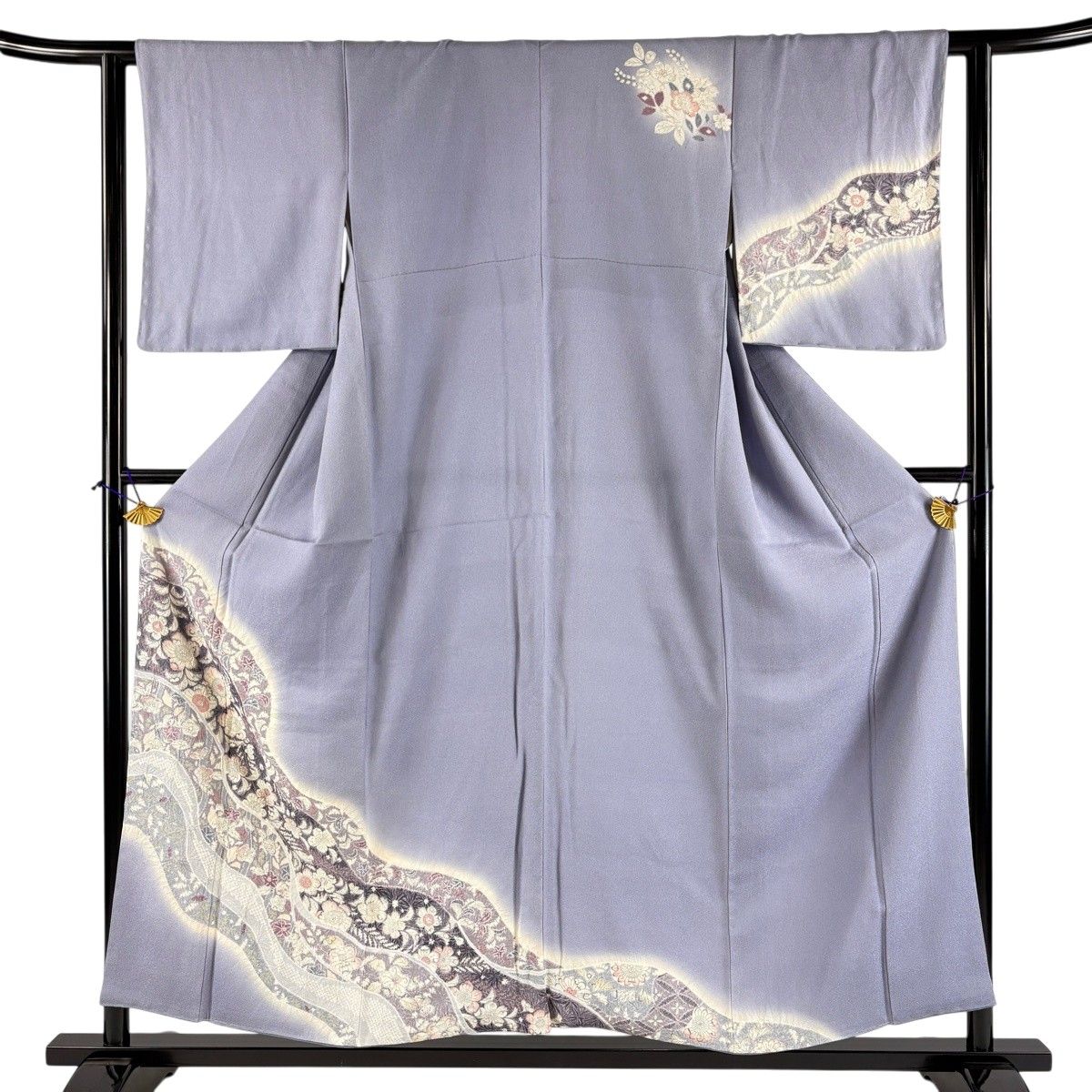 訪問着 身丈155cm 裄丈62cm S 袷 草花 霞 ぼかし 絞り 薄紫 正絹 名品 【中古】