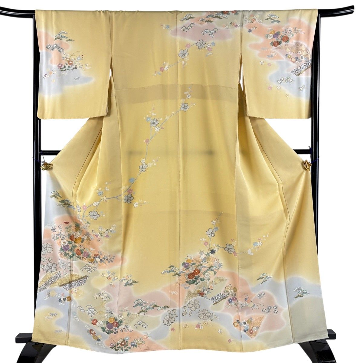 訪問着 身丈163.5cm 裄丈65.5cm M 袷 松竹梅 菊 金糸 金彩 黄色 正絹 名品 【中古】