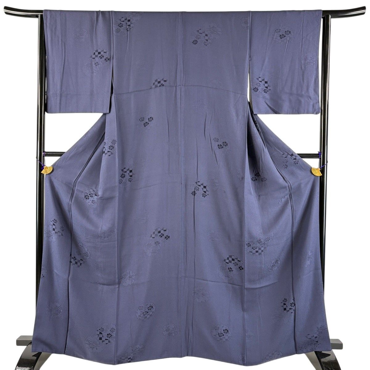 小紋 身丈165cm 裄丈64.5cm M 袷 鈴乃屋 花 雪輪 濃紺 正絹 名品 【中古】