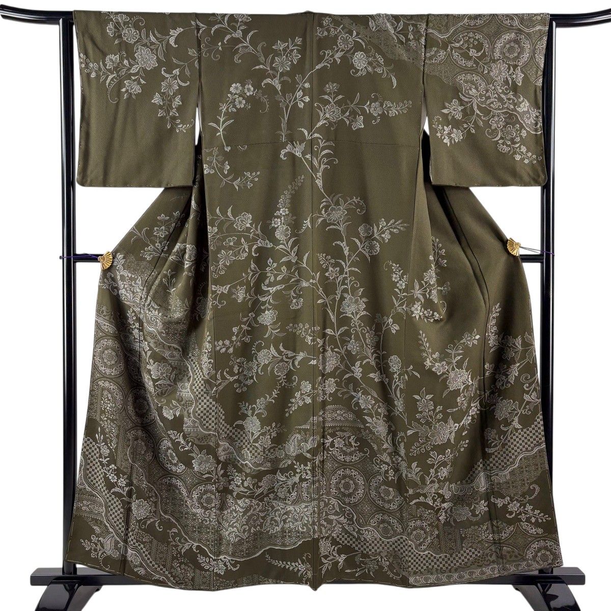 訪問着 身丈158.5cm 裄丈64cm M 袷 華文 花唐草 茶緑色 正絹 名品 【中古】