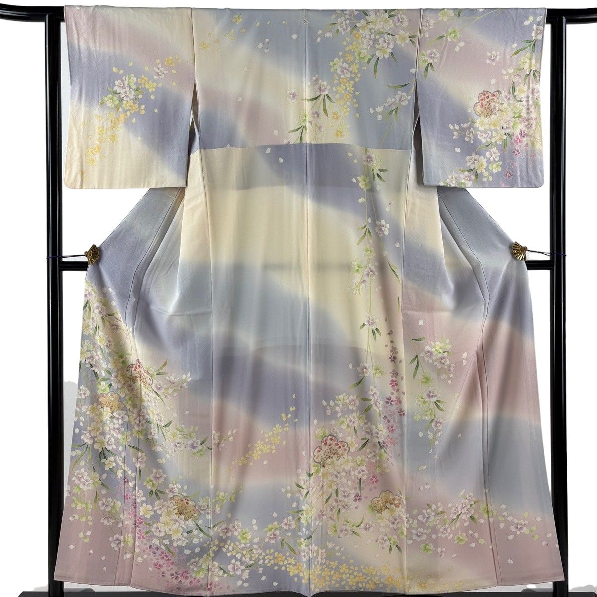 訪問着 身丈155cm 裄丈61cm S 袷 桜 枝花 金彩 染め分け 薄紫 正絹 名品 一つ紋 【中古】